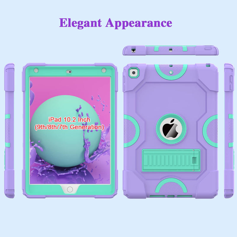 for iPad 9th Generation Case, iPad 8th 7th Generation Case, iPad 10.2 Inch 2021/2020/2019 Case, Heavy Duty Rugged Shockproof Protective Cover with Kickstand for Kids Purple/Green