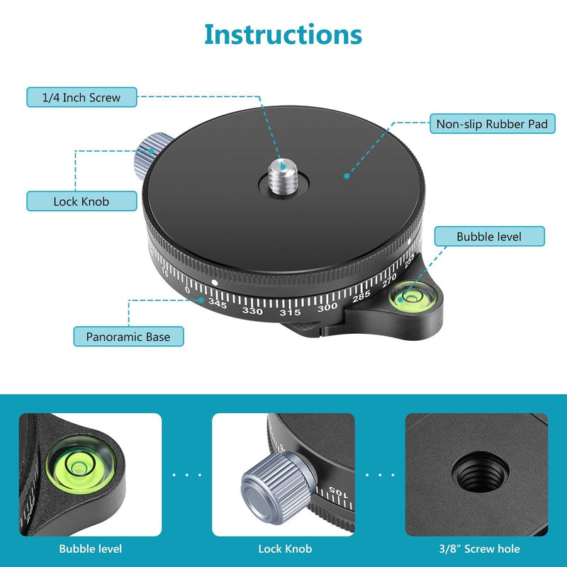 Neewer Camera Panoramic Panning Base with Style Plate, 3/8-inch Screw Aluminum Alloy Panorama Ball Tripod Head with Bubble Level for Tripod Monopod DSLR Cameras, Load Capacity 22 LBS
