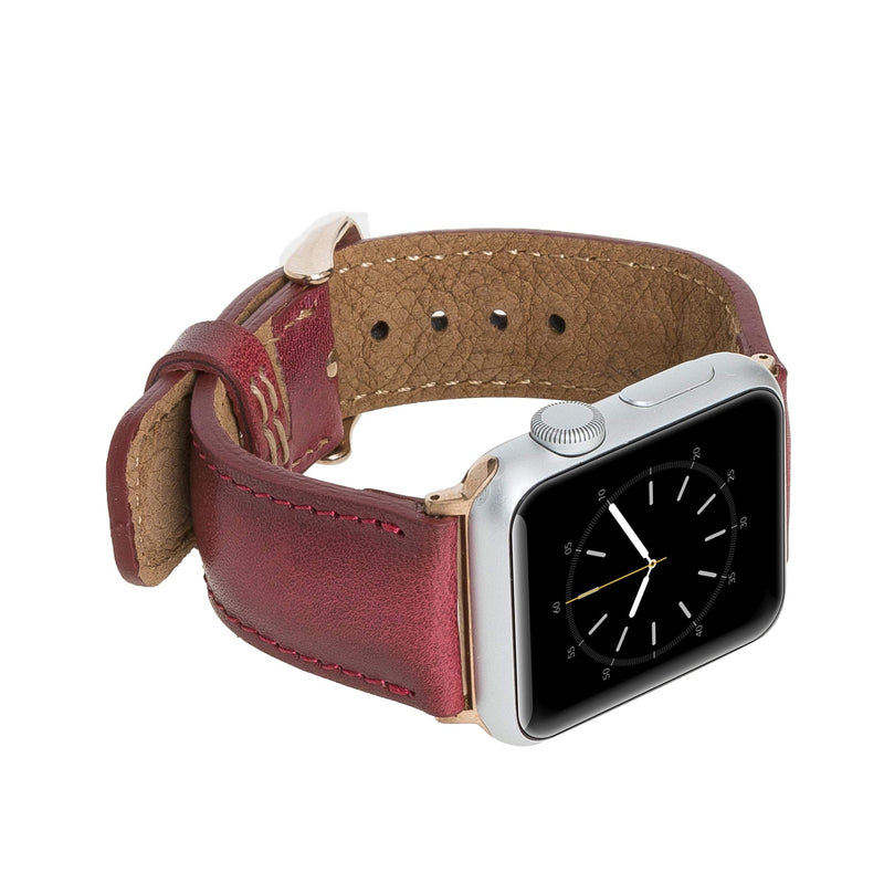 Tuscany Leather Bands Compatible with Apple Watch 38mm 40mm 41mm Band, iWatch Replacement Strap for Series 1, 2, 3, 4, 5, 6, 7, SE, 8, Ultra, Sport (Burnt Red w/Rose Gold Connector&Clasp)