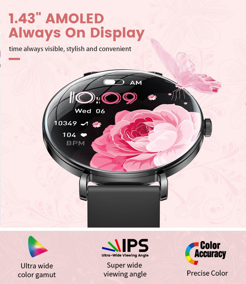 LIGE Ultra-Thin Smart Watch for Women(Answer/Make Calls),1.43" Fitness Tracker Watch with Heart Rate,Clories Tracker 100+ Sports Modes,Always-on Display Women Smartwatch for Android iOS(Black-FV17-H)