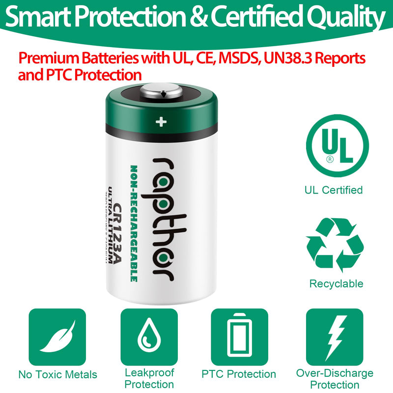 rapthor CR123A 3V Lithium Battery 1650mAh 20 Pack High Power CR123 123A 123 CR17345 Photo Batteries PTC Protected for Cameras Flashlight Alarm Smart Sensors (Non-Rechargeable, Not for Arlo)