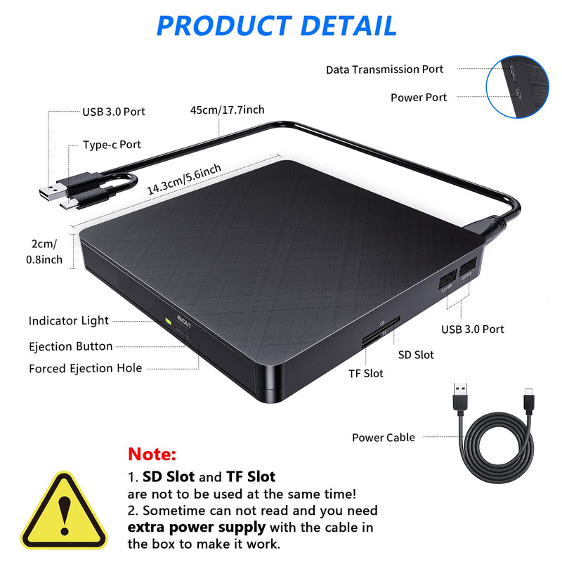 [AUSTRALIA] - HATOKU External CD/DVD Drive for Laptop (USB 3.0 & USB-C): 8X DVD/24X CD Burner Writer - Portable DVD Player for Laptop - Plug & Play External CD Drive for PC Desktop Windows 11 10 8 7 MacOS Linux Black 