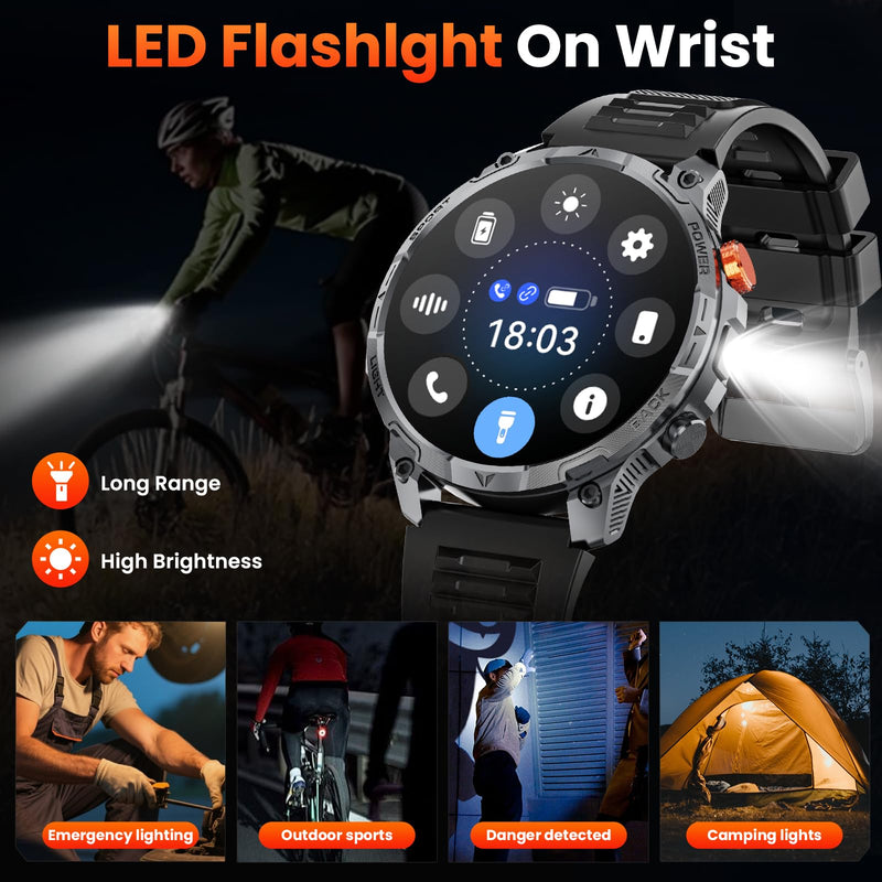 Military Smart Watches for Men,1.75″ Smartwatch with 100-Day Ultra-Long Battery/Flashlight,Fitness Watch for Heart Rate/Sleep/Calling/110+ Sports Mode Smart Watch for Android iOS 1000 mAh Black