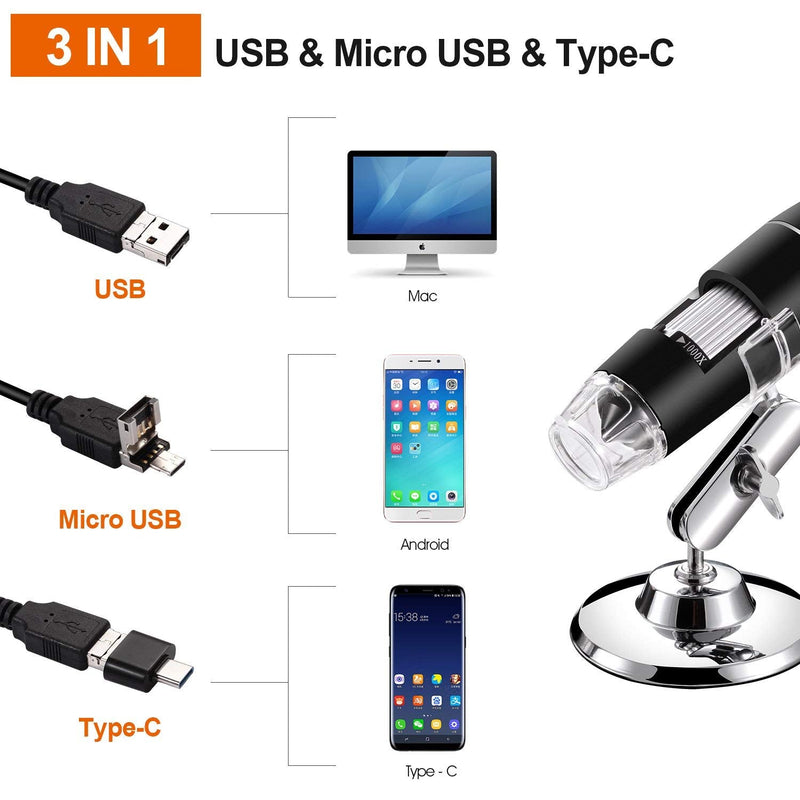 [AUSTRALIA] - USB Digital Microscope 40X to 1000X, 8 LED Magnification Endoscope Camera with Carrying Case & Metal Stand, Compatible for Android Windows 7 8 10 11 Linux Mac (Not for iPhone/iPad) 