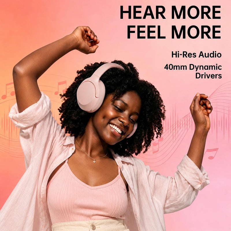 Active Noise Cancelling Headphones, 65H ANC Playtime Wireless Bluetooth | Custom EQ Headphones with Mic, Bluetooth 6.0, Hi-Res Audio, Transparency Mode, Cat Ears Headsets,Commute/Travel/Pink Pale Pink