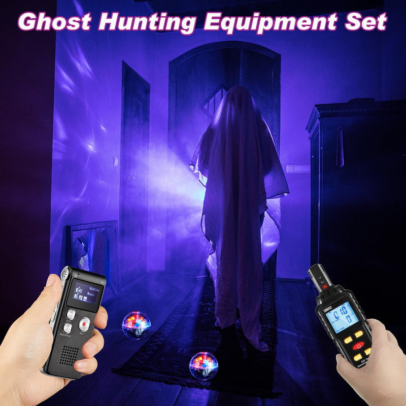 [AUSTRALIA] - Dunzy 7 Pcs Ghost Hunting Equipment Kit for Paranormal Enthusiasts Includes 8GB Digital Voice Audio Recorder, Emf Meter Detector, 4 Pcs Ghost Hunting Cat Balls, UV Flashlight Set for Entertainment Use 