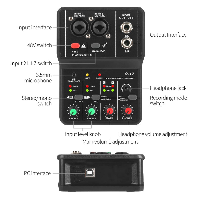 XTUGA USB Audio Interface for PC,Interface for Recording Music Computer Recording Audio Interface XLR with 3.55m Microphone Jack, USB Sound Card for Recording Studio, Ultra-low Latency Plug&Play, Q-12