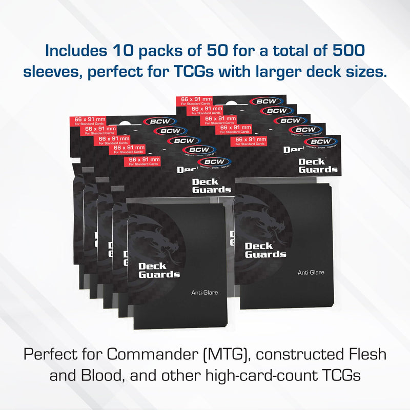 BCW Deck Guard - Double Matte Card Sleeves | 500 Count Box (10 Packs of 50 Sleeves) |Acid-Free, No PVC | Fits 2.5" x 3.5" Game Cards | Archival Safe Sleeves for Card Protection (Black) Black