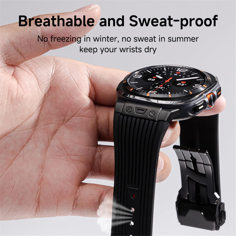 Silicone Bands for Samsung Galaxy Watch Ultra 47mm Band, Rugged Luxury Sport Strap for Men, with Metal Connectors & Foldable Buckle & Pin Buckle (Starlight Black)