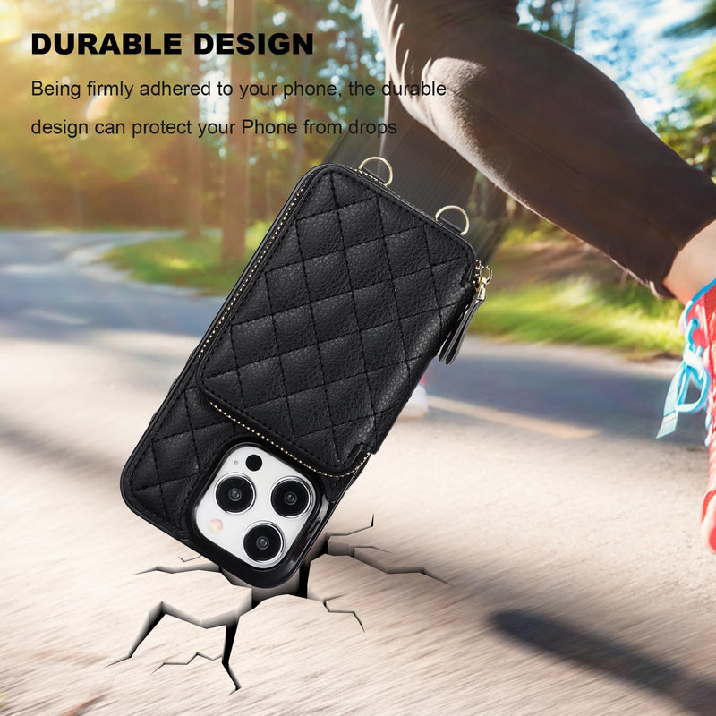 [AUSTRALIA] - Bocasal Crossbody Wallet Case for iPhone 15 Pro, RFID Blocking PU Leather Zipper Handbag Purse Flip Cover, Kickstand Folio Case with Card Slots Holder Wrist Strap Lanyard 5G 6.1 Inch (Black) Black 