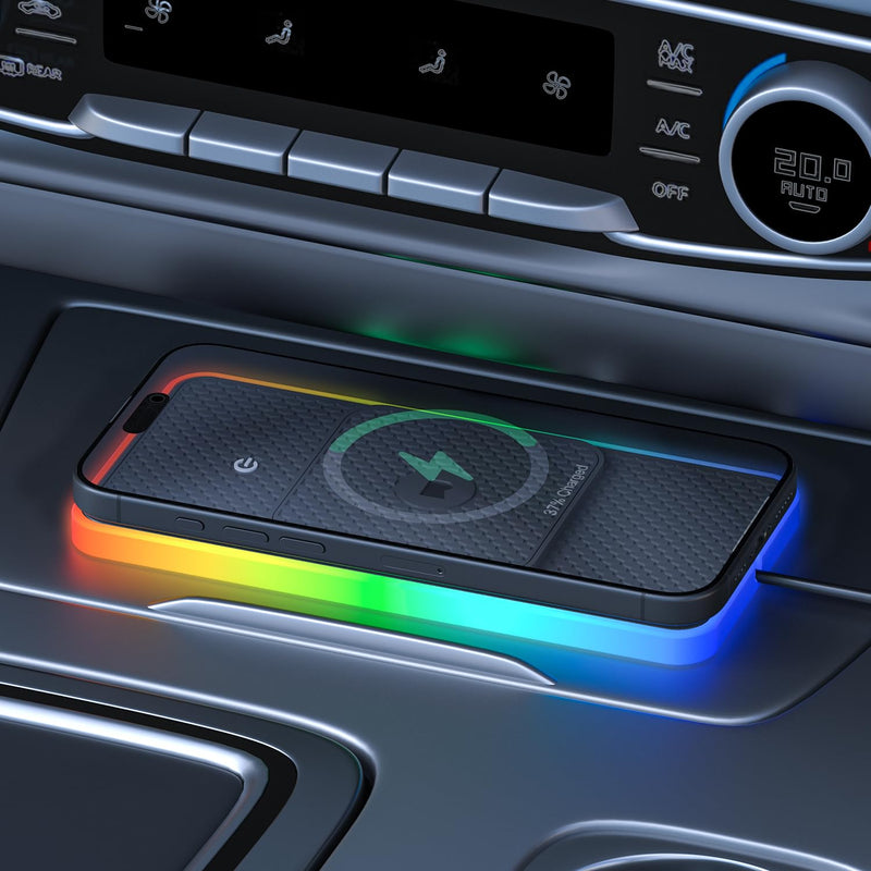 Wireless Car Charger Pad, REESTECQI 15W RGB Wireless Charger for Car Type C Non Slip Charging Pad for Car Compatible with Airpods iPhone16/15/14/13/12, Samsung Google (30CM+ 70CM Extension)