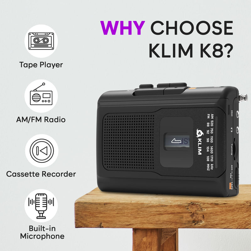 [AUSTRALIA] - KLIM K8 Cassette Tape Player Portable with Fusion Headphones - Cassette Recorder - NEW Version - AM/FM - Built-in Microphone & Speaker - Headphone Jack & Earphones - Black 