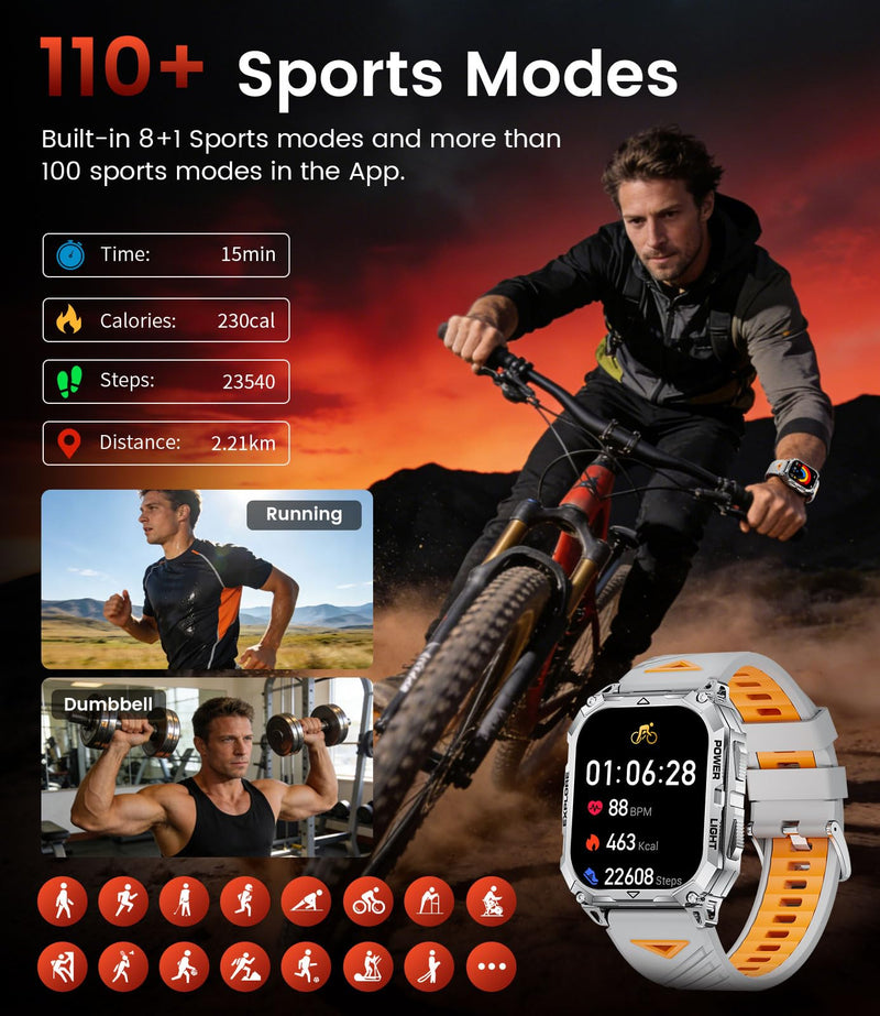Smart Watches for Men(Answer/Dial Call), 2,01'' Super Large Military Smartwatch with 900mAh High-Capacity Battery/Led Flashlight/Heart Rate/Sleep Monitor, IP68 Waterproof Fitness Watch for Android iOS TX13-F