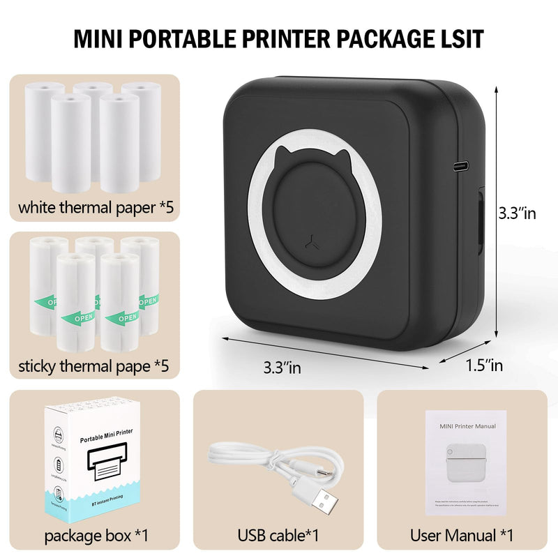 Mini Sticker Printer - Mini Pocket Printer for iPhone Thermal Printer with 10 Rolls Thermal Paper for Journal, Memo, Photo, Black