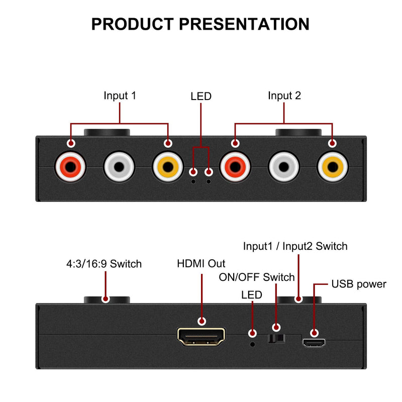 [AUSTRALIA] - Dingsun 2 Port AV to HDMI Converter, RCA to HDMI Adapter Support 16:9/4:3 Compatible with WII, N64, PS2, VHS, VCR DVD Players etc 2Port RCA to HDMI Converter 