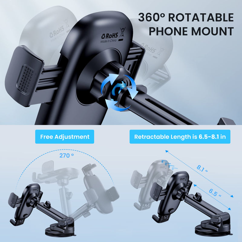 Qifutan Car Phone Holder Mount Phone Mount for Car Windshield Dashboard Air Vent Universal Hands Free Automobile Cell Phone Holder Fit iPhone Black