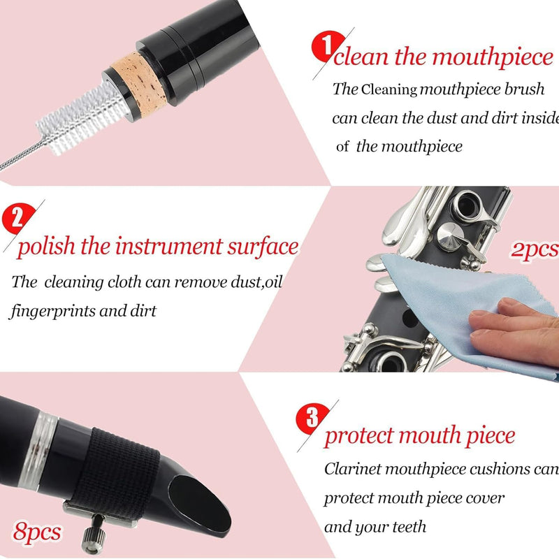 Clarinet Cleaning Kit, Saxophone Cleaning Kit,Clarinet Accessories,Mouthpiece Brush,Dust Brush,Cleaning Cloth,Clarinet Reeds Swabs,Finger Rest,Cork Grease,Pads Absorbent Cloth,Cleaning Care Kit