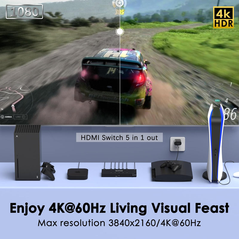 4K@60Hz 5 in 1 Out HDMI Switch, 5 Port HDMI Switcher Selector Support HDR10 & HDCP 2.2 & Full 3D with IR Remote Control Compitable with Nintendo Switch,Xbox PS5/4,Fire Stick,Roku,Apple TV for Gaming 4K@60Hz 5 in 1 Out HDMI Switch Upgraded