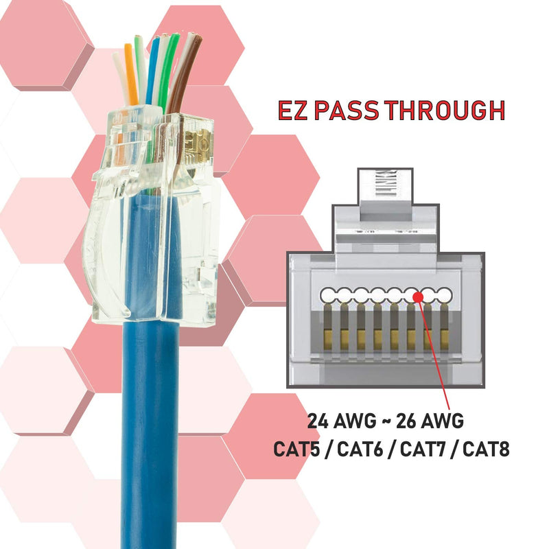 LINKUP Cat6 RJ45 Pass Through Connectors | Self-Protective Curved Unbendable Latch - No Boot Required | Durable, Space-Saving Ethernet Ends for Solid & Stranded Cable | Performance RJ45 Termination Clear 100pk
