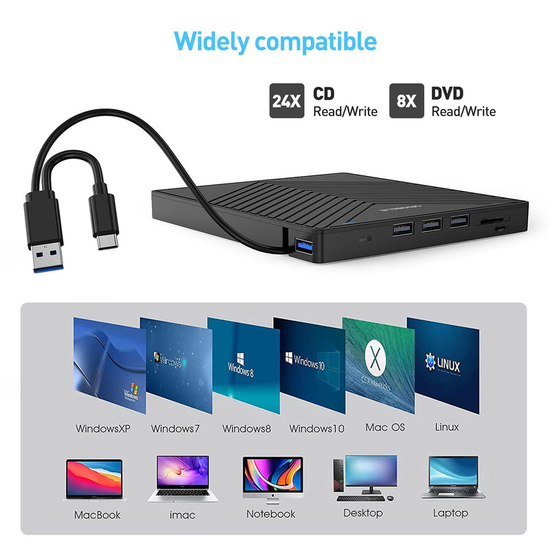 ORIGBELIE External CD DVD Drive, USB 3.0 & 4 USB Ports & 2 TF/SD Card Slots | Ultra Slim CD DVD ROM Player Burner Reader Writer Rewriter Optical Disk Drive for Laptop PC Mac OS Windows 11/10/8/7 Linux 5.6" x 6" x 0.7"