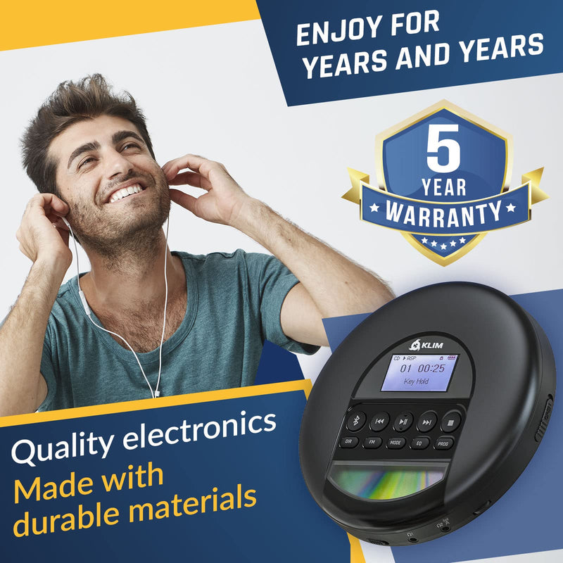 KLIM Nomad - New 2024 - Portable CD Player Walkman with Long-Lasting Battery - with Headphones - Radio FM - Compatible MP3 CD Player Portable - TF Card Radio FM Bluetooth - Ideal for Cars - Black