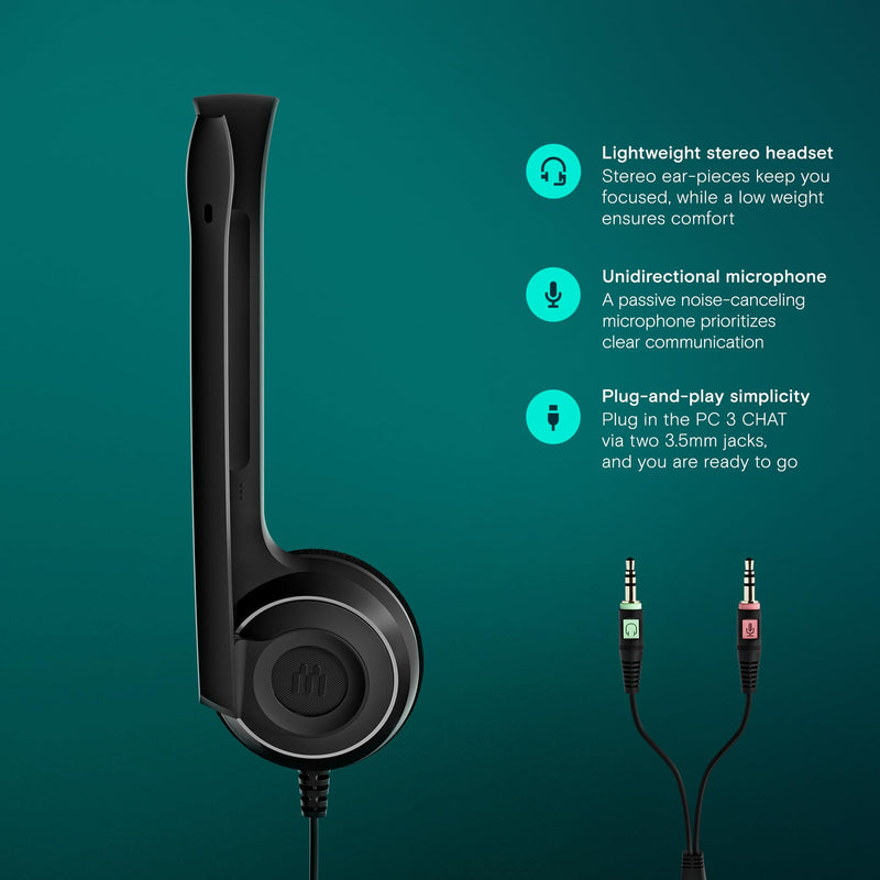 [AUSTRALIA] - Sennheiser PC 3 Chat - Durable On-Ear Wired Headset - Noise Cancelling Microphone for Casual Gaming and Easy Connectivity - Lightweight Stereo Quality Sound - Great for Internet Telephony & E-Learners Standard Packaging 