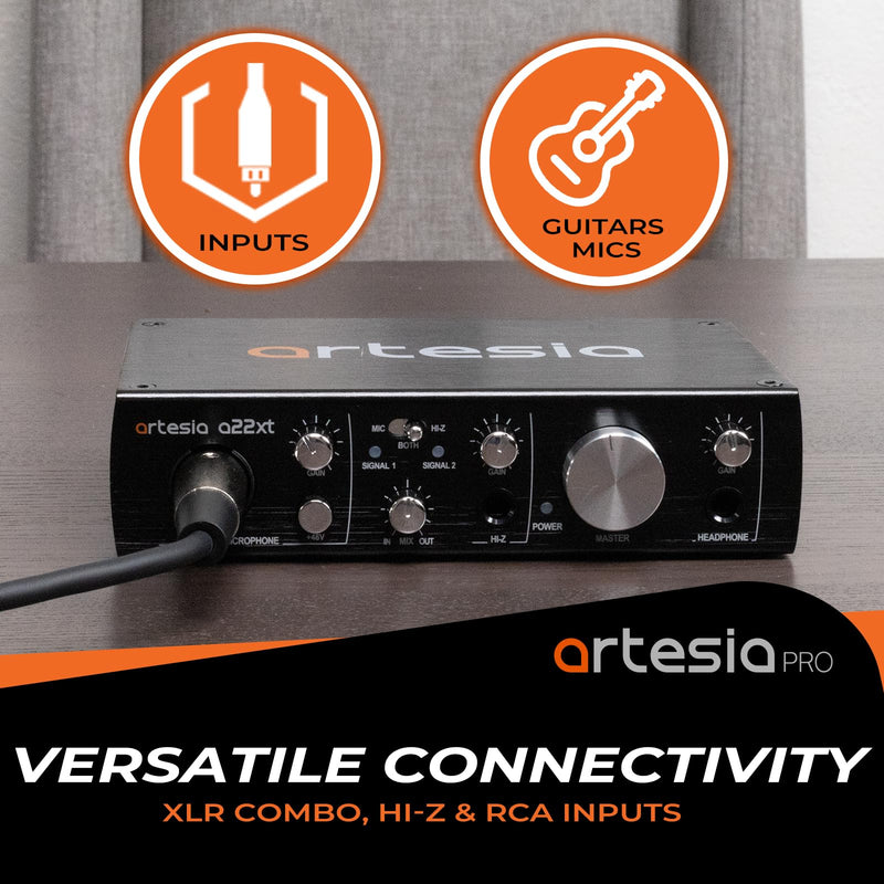 Artesia A22xt USB Audio Interface With 24Bit/96khz High-Resolution Recording, 48V Phantom Power, XLR Input, Professional Audio Interface for Music Production, Streaming, Podcasting