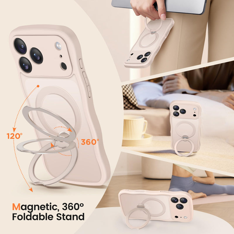 CAPRARO for iPhone 17 Pro Max Case with Magnetic Stand, Rose Gold | 360° Spin Magnetic Stand, [Compatible with MagSafe] [Full Camera Protection] Cute Wave Translucent Matte Phone Case For Iphone 17 Pro Max (6.9 Inch, 3 Lens)