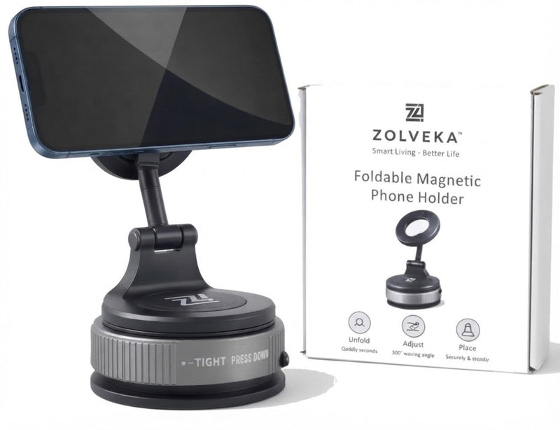 Vacuum Lock Magnetic Car Phone Mount, Universal Holder for All Phones, Anti-Vibration Strong Magnet 360° Foldable Holder for Dashboard, Windshield, Mirror & Gym, Compatible with Magsafe