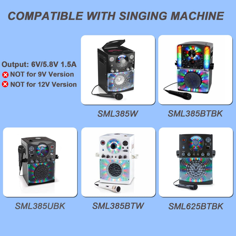 [AUSTRALIA] - VHBW Karaoke Charger Replacement for Singing Machine SML-385 SML385 SML385W SML385BTW SML385BTBK SML385UBK IN-385W SML625BTBK CD G Player BT Karaoke GKYPS0200058US1 5.8V Power Adapter 