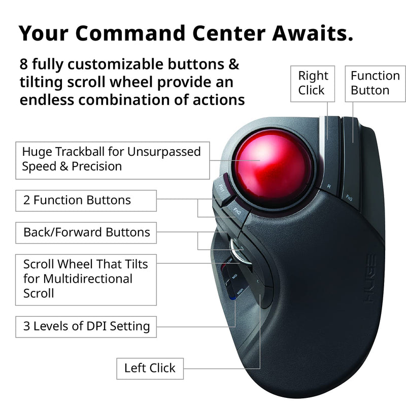 ELECOM HUGE Trackball Mouse, 2.4GHz Wireless, Finger Control, 8-Button Function, Precision Optical Gaming Sensor, Palm Rest Attached, Smooth Red Ball, Windows11, macOS (M-HT1DRBK) Wireless Trackball Mouse