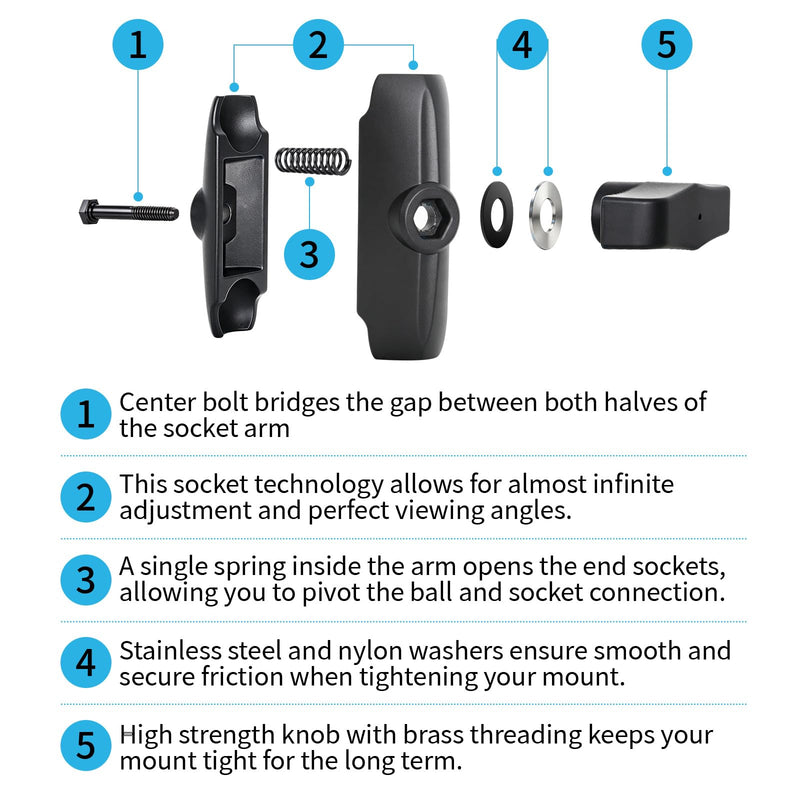 Strg Car Phone Mount with B Size 1" Ball Diamond Base and Double Socket Arm | 1" Ball Phone Holder with Aluminum Alloy Arm and Base for All Phones Car Vehicle Motorcycle Bike Kayak Boat and More Device