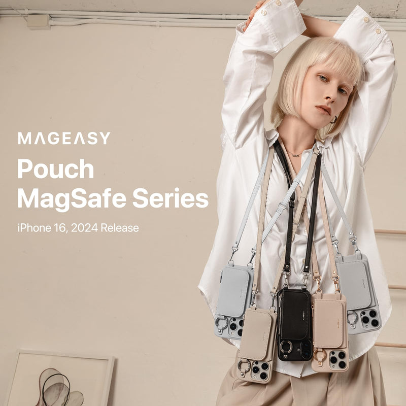MAGEASY Pouch MagSafe Crossbody Wallet Phone Case for iPhone 16 Pro - Removable Wallet with Strap, 16ft Shockproof Protection, Card Holder & Coin Pocket Magnetic Purse Compatible with MagSafe (Gray)