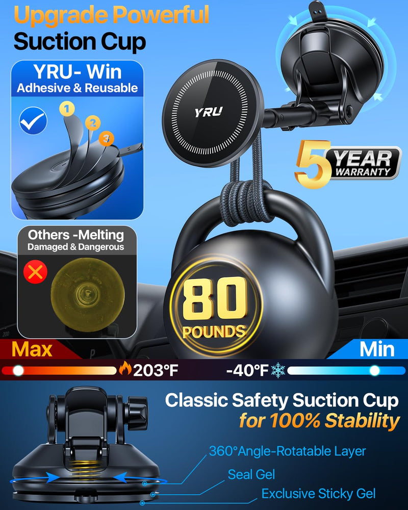 YRU Upgrade【80+LB Super Suction】Magnetic Phone Holder Car for MagSafe Mount | 【2800gf Magnet & Alloy Metal Arm】Patented Dash Windshield Vent CellPhone Cradle for iPhone17 16 Pro Max Samsung Truck, Black