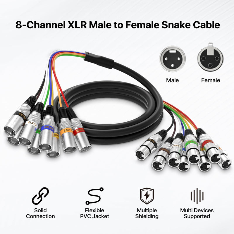 [AUSTRALIA] - EBXYA 8 Channel XLR Snake Cables 10ft, 8 Colored XLR Male to Female Snake Cables, 1 Pack 8-Channel 10 Feet Black 