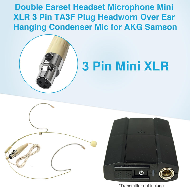 2 Pack Double Earset Headset Microphone Mini XLR Mic 3 Pin TA3F Plug Headworn Over Ear Hanging Condenser Mic in Ear Back Electric Microphone for AKG Samson,Windscreen