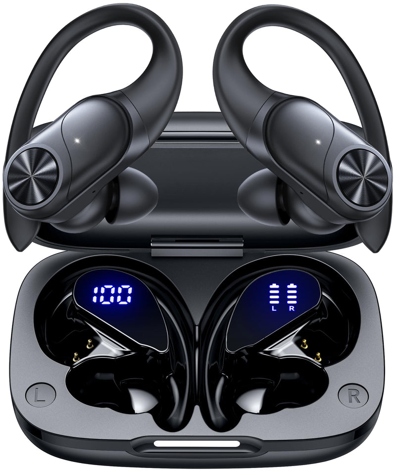 2 Sets Bluetooth Headphones Wireless Earbuds 80hrs Playtime Wireless Charging Case Sports Ear buds with Earhook Premium Deep Bass IPX7 Waterproof Over-Ear Earphones for TV Phone Laptop Black and Blue