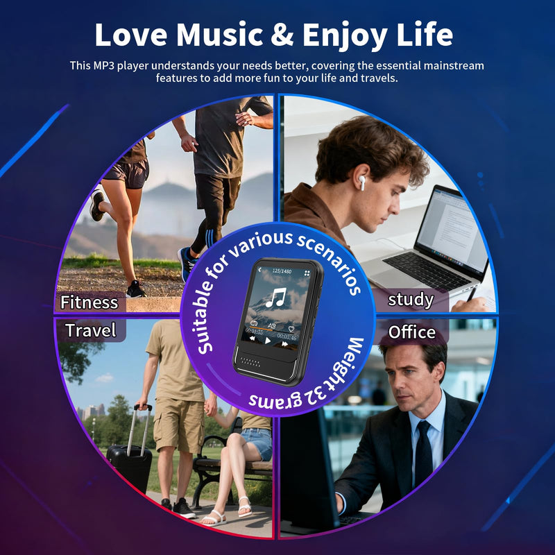 MP3 Player with Bluetooth,Mini MP3 Player with Speaker,Built-in Micro SD Card Slot,Portable Music Player with FM Radio,Video,Voice Recorder,Earphones, for Kids,Sports and Gifts,Max 512GB Expand 16GB