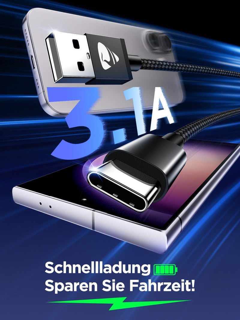 USB C Cable, [Pack of 2 2 m] 3.1A Charging Cable USB C Nylon Type C Fast Charging Cable USB to USB C Cable for Samsung Galaxy S25 S24 S23 S22 Ultra S9 S8 A55 A54 A52 A51, Note 10, iPhone 16 15, Huawei 2 m + 2 m black