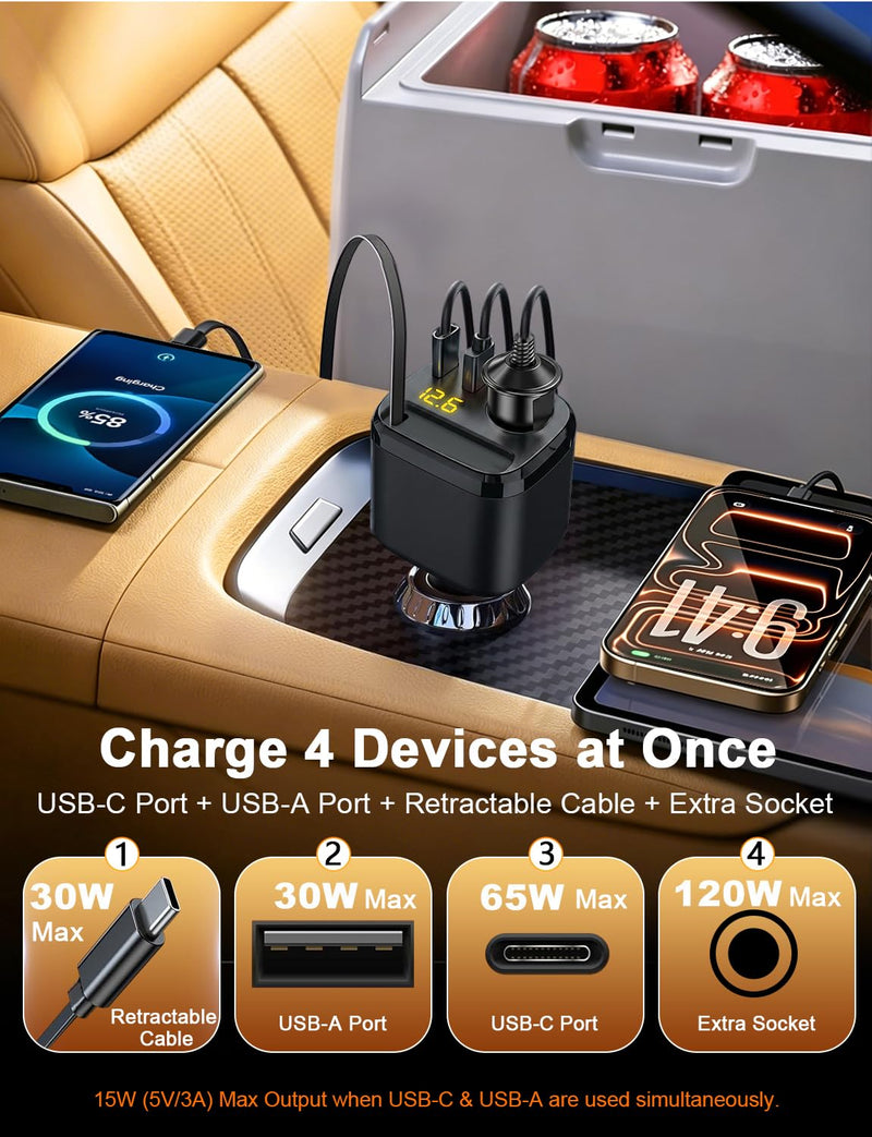 Retractable USB C Car Charger, 215W 4 in 1 Cigarette Lighter Adapter | PD65W Laptop Fast Charging, Socket Splitter with Multi Port, 12V Car Charger Adapter for iPhone 17 Pro Max, MacBook, GPS