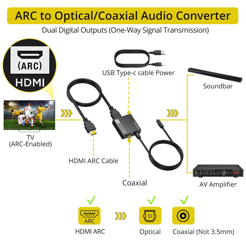 PROZOR 192KHz HDMI ARC to Optical Audio Adapter, 7ft/2.1m ARC Audio Extractor, HDMI(ARC) to Optical Toslink/Coaxial Converter, for TV to Speaker Amplifier Soundbar (Not Reversible) ARC to Optical/Coax 7ft