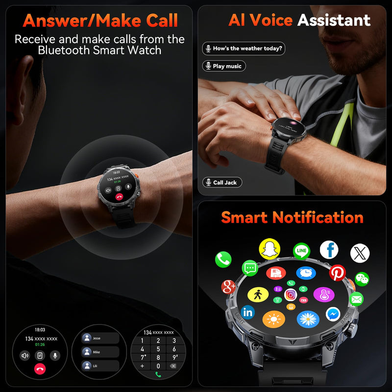 Military Smart Watches for Men,1.75″ Smartwatch with 100-Day Ultra-Long Battery/Flashlight,Fitness Watch for Heart Rate/Sleep/Calling/110+ Sports Mode Smart Watch for Android iOS 1000 mAh Black