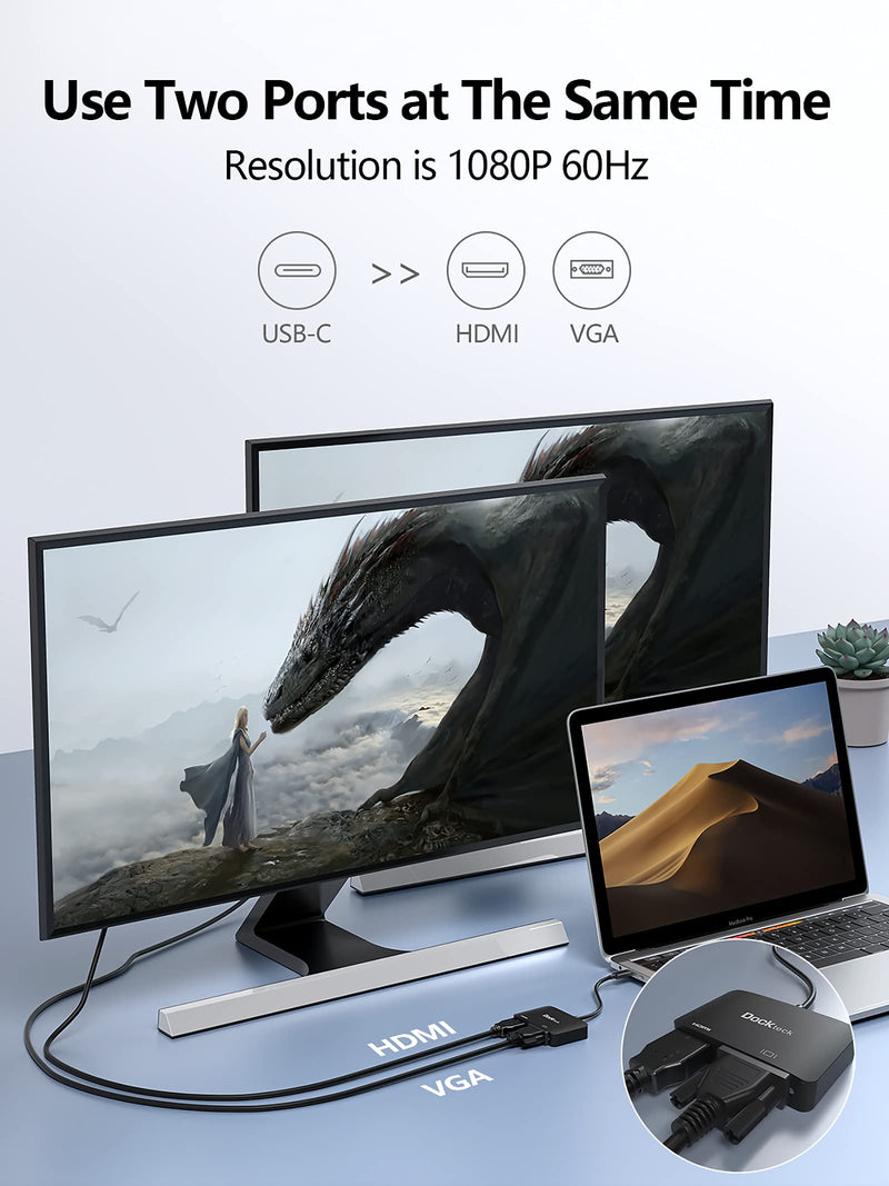 USB C Video Adapter, Type C HDMI VGA Adapter 4K@60Hz, USB C VGA Adapter 1080P, Dockteck USB-C VGA Splitter for MacBook Pro/Air, iPad Pro/Air, Chromebook, Surface Pro/Go, Dell Xps, Pixelbook, Galaxy Black-4K@60Hz