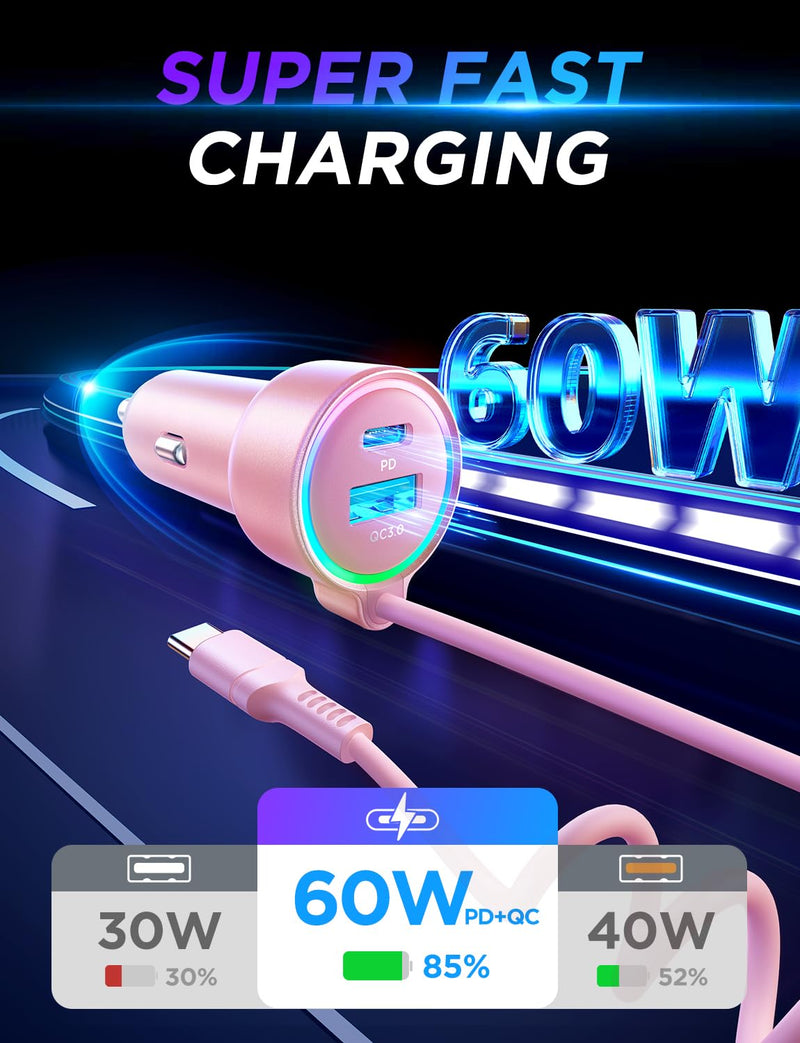 USB C 60W Super Fast Car Charger PD& QC3.0 with 5ft 30W Type C Coiled Cable, Car Phone Charger Adapter for iPhone 15 Pro Max Plus, Samsung Galaxy S23/S22/S21, Google Pixel/Moto/LG/Android, iPad Pro