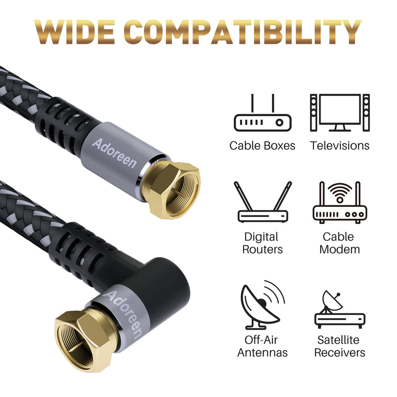 Coaxial Cable 1.5 ft-2 Pack-Right Angle Quad Shielded 90 Degree RG6 Coax Cable Cord, Male F Gold-Plated Nylon-Braided, in-Wall, Digital TV Aerial AV with Angled Male to Female Adapter+15 Ties 1.5ft-2PK Angled to Straight