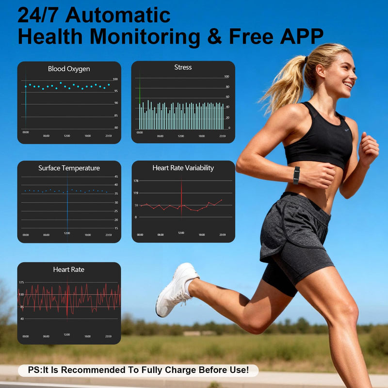 Smart Bracelet Fitness Trackers for Men Women, Smart Watch 24/7 Heart Rate Sleep Stress HRV Monitor, 170+ Sports Modes, 2 Bands, Free APP Black