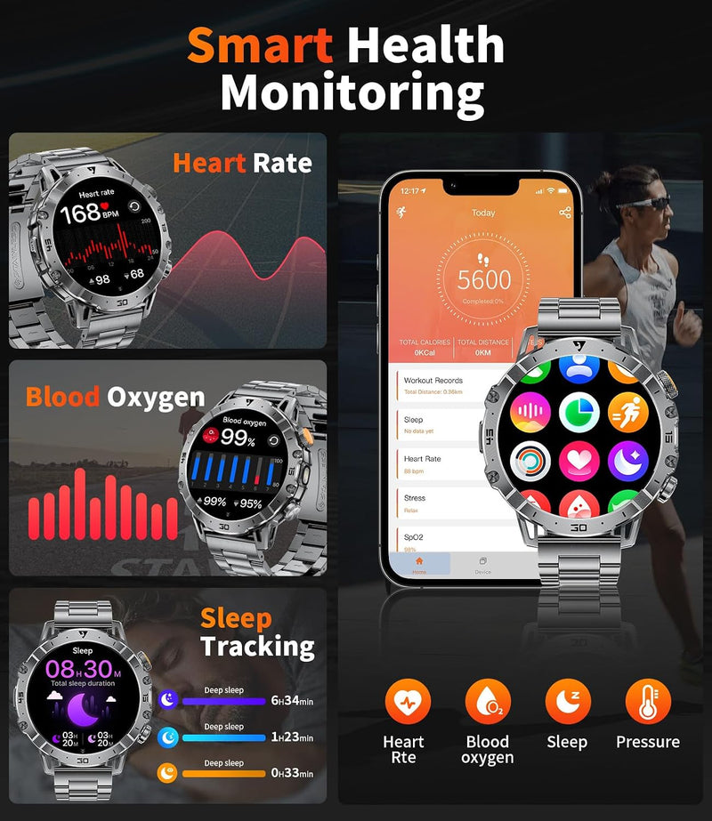 Military Smart Watch for Men with Bluetooth Call, 1.43" AMOLED Screen Smartwatch with Heart Rate/Sleep Monitor, IP68 Waterproof Fitness Tracker with 100+ Sport Modes for iOS Android