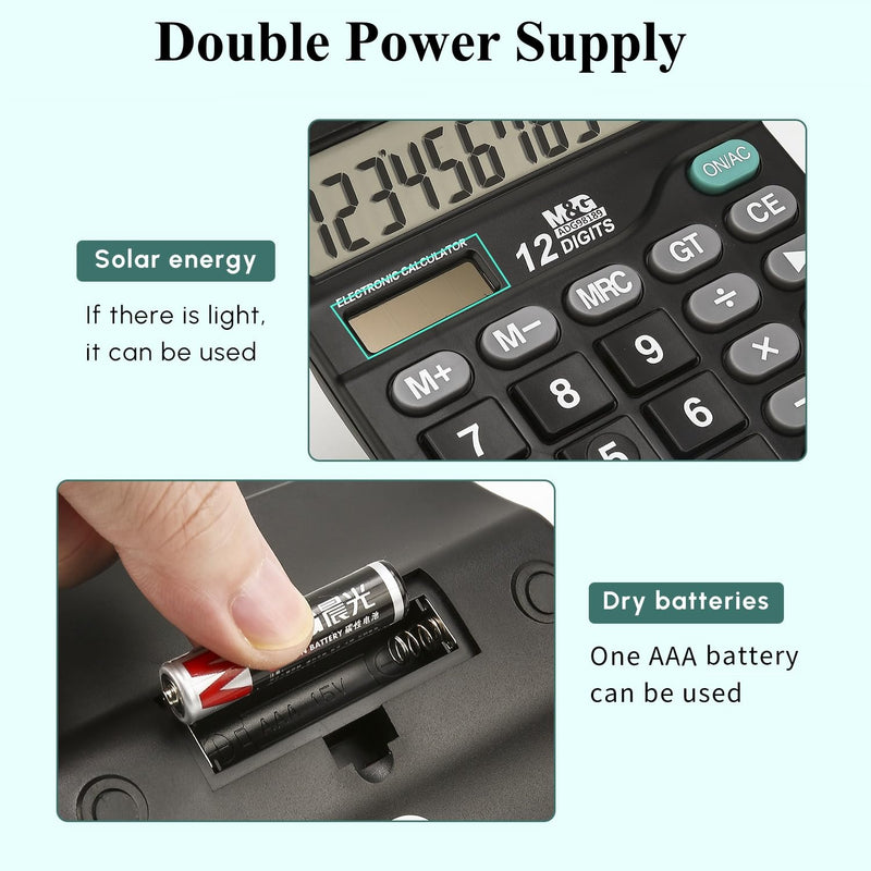 M&G Desk Calculator 12 Digit Office Calculators with Large LCD Display, Dual Solar Power and Battery, Recessed Big Button Calculator for Office Home School (Black) Basic