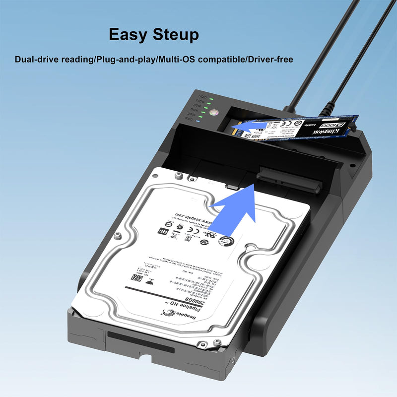 Dual-Bay Hard Drive Docking Station M.2 NVME+ SATA SSD/HDD Enclosure with Offline Clone, USB-C 10Gbps Hard Drive Dock, Tool-Free Design for Windows/Mac/Linux