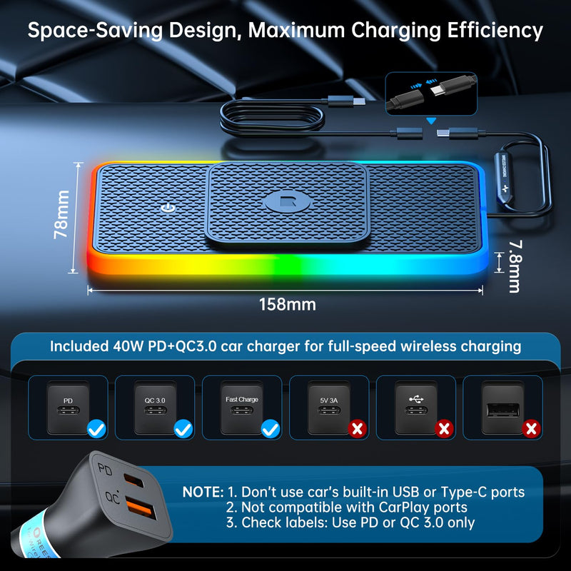 Wireless Car Charger Pad, REESTECQI 15W RGB Wireless Charger for Car Type C Non Slip Charging Pad for Car Compatible with Airpods iPhone16/15/14/13/12, Samsung Google (30CM+ 70CM Extension)